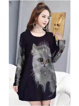 Ladies Cat Printed Knit Fashion Top 